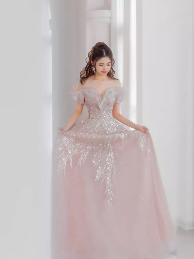 Fairytale A line Off The Shoulder Pink Sequin Long Evening Dress Prom Dresses