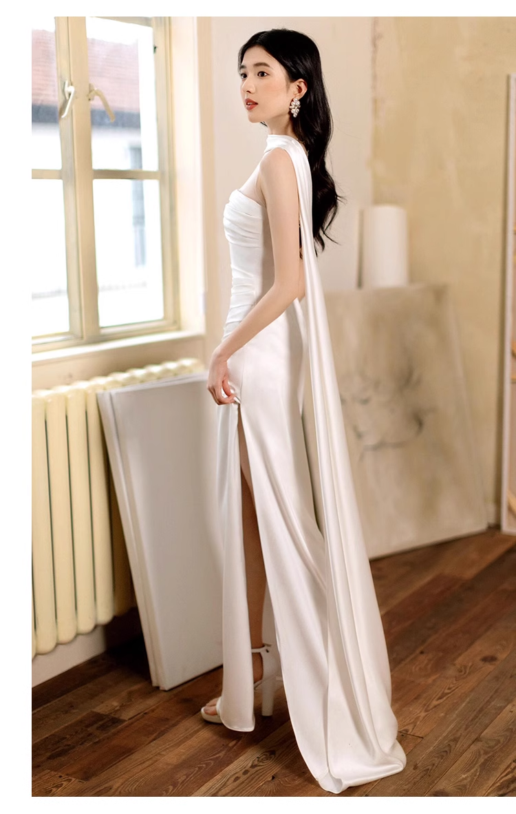 Pretty Sheath Scoop Neckline Satin White Slit Long Prom Dresses With Ribbon