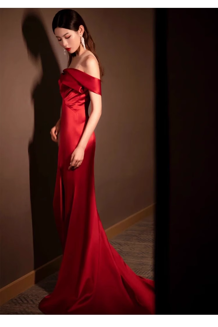 Pretty Sheath Off The Shoulder Satin Burgundy Slit Long Prom Dresses With Ruffles