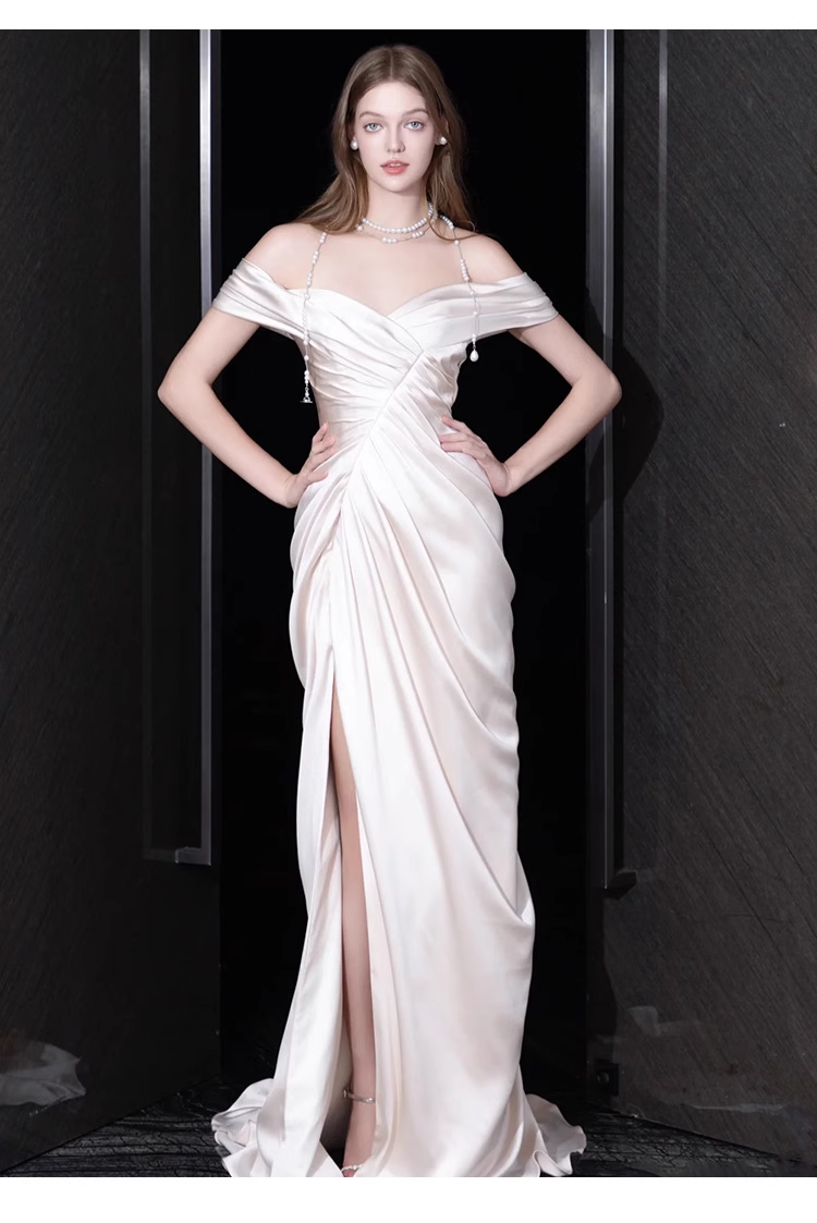 Sexy Sheath Off The Shoulder Short Sleeves White Satin Long Wedding Dresses