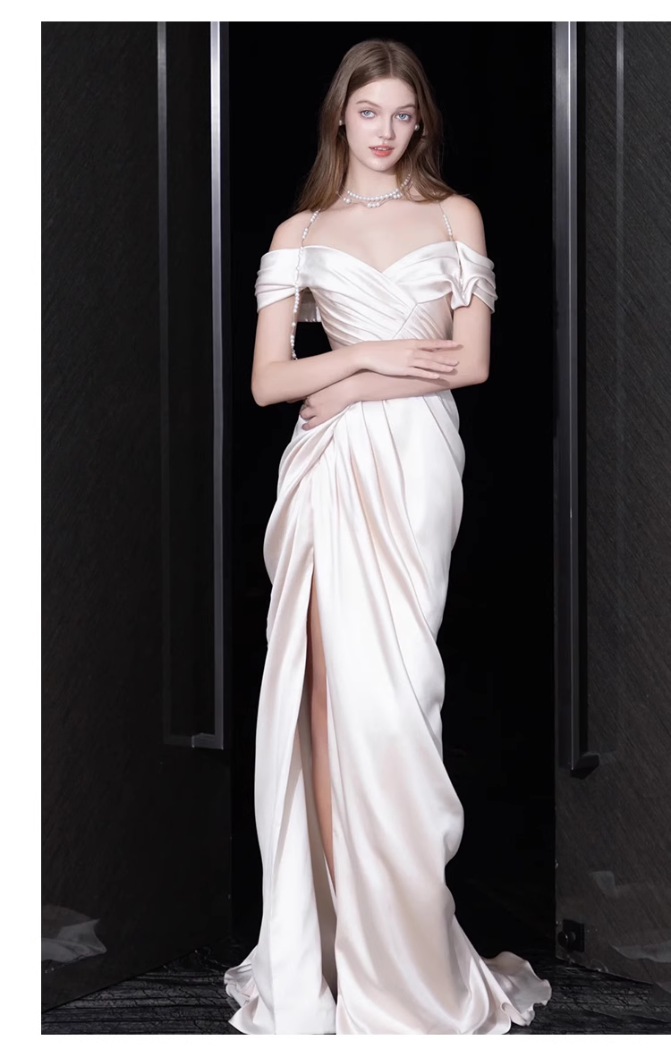 Sexy Sheath Off The Shoulder Short Sleeves White Satin Long Wedding Dresses