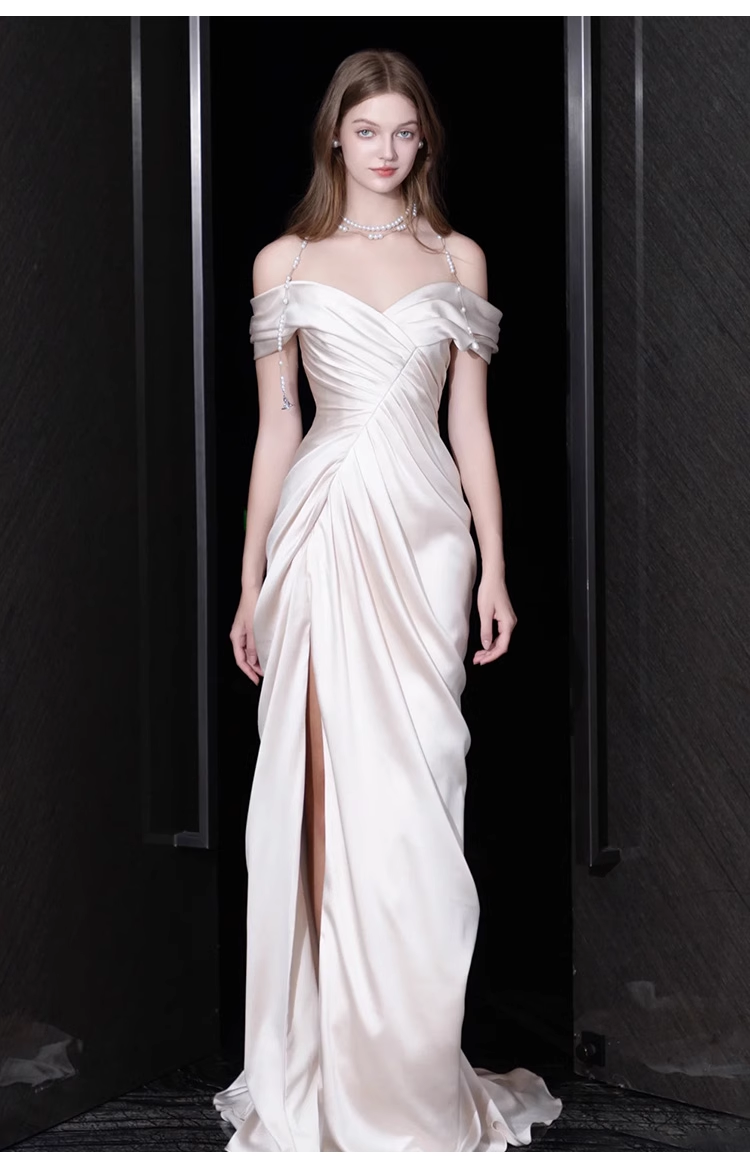 Sexy Sheath Off The Shoulder Short Sleeves White Satin Long Wedding Dresses