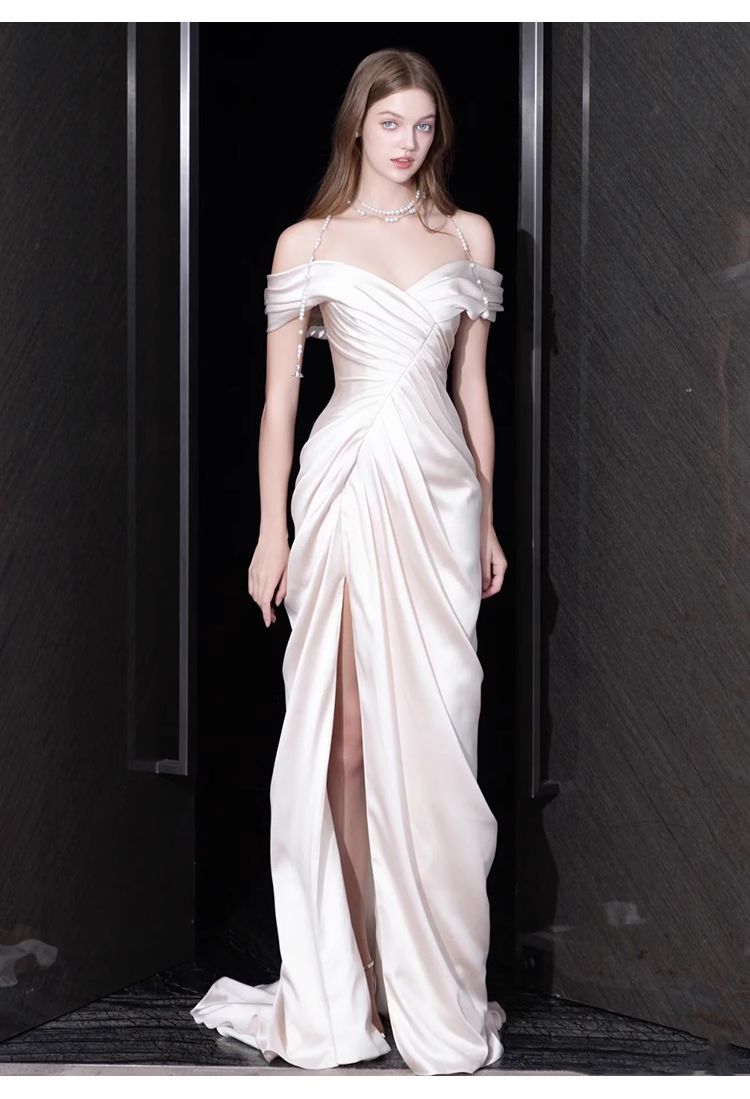 Sexy Sheath Off The Shoulder Short Sleeves White Satin Long Wedding Dresses