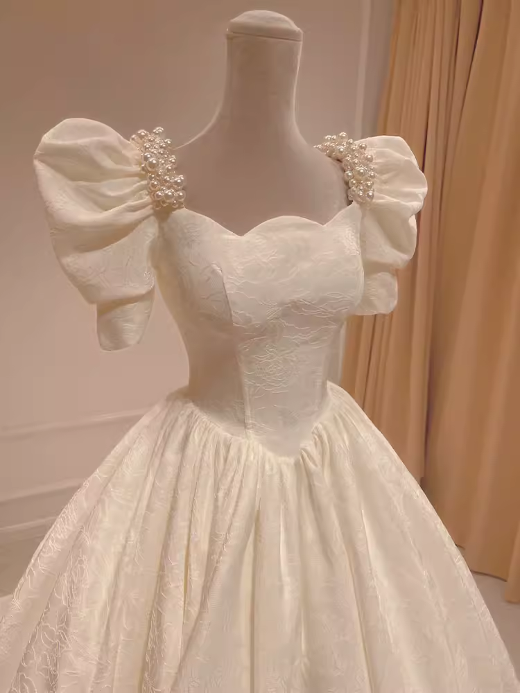 Vintage Ball Gown Square Neckline White Lace Wedding Dress