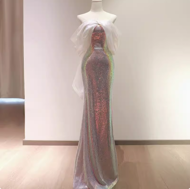 Pretty Sheath Strapless Sequin Long Prom Dresses With Sleeves