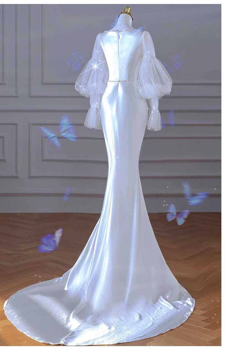 Sexy Mermaid U Neckline Long Sleeves Satin Long Wedding Dresses With Pearls