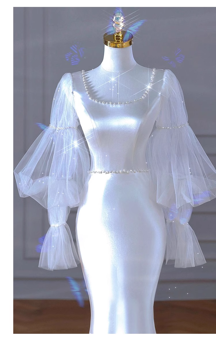 Sexy Mermaid U Neckline Long Sleeves Satin Long Wedding Dresses With Pearls