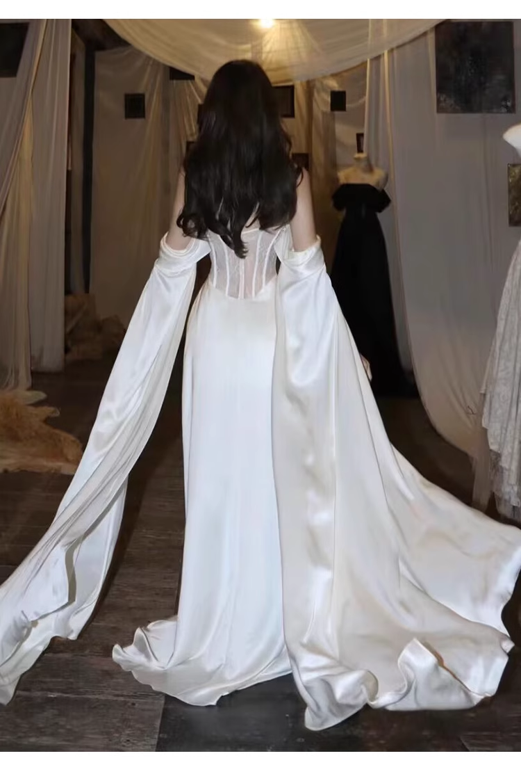 Sexy A line Off The Shoulder Long Sleeves Satin Long Wedding Dresses With Cape