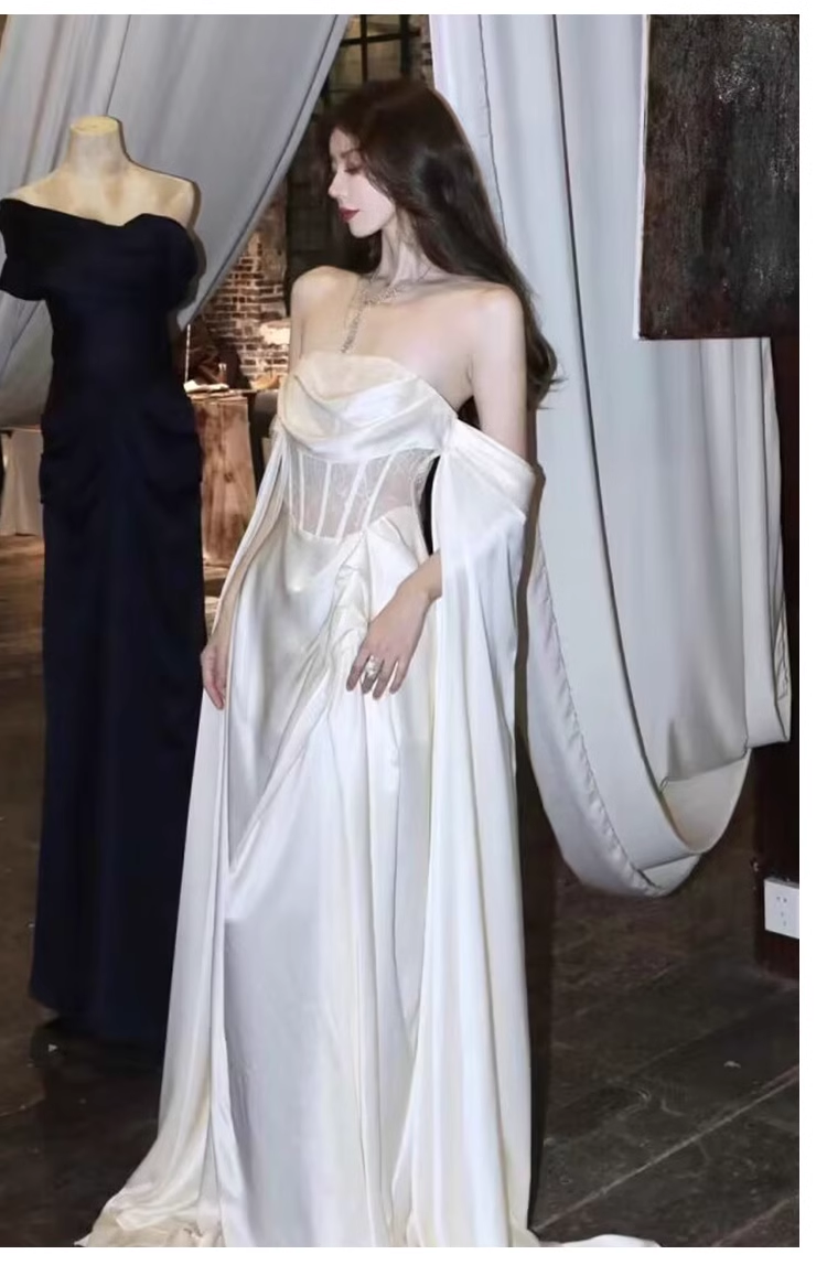Sexy A line Off The Shoulder Long Sleeves Satin Long Wedding Dresses With Cape