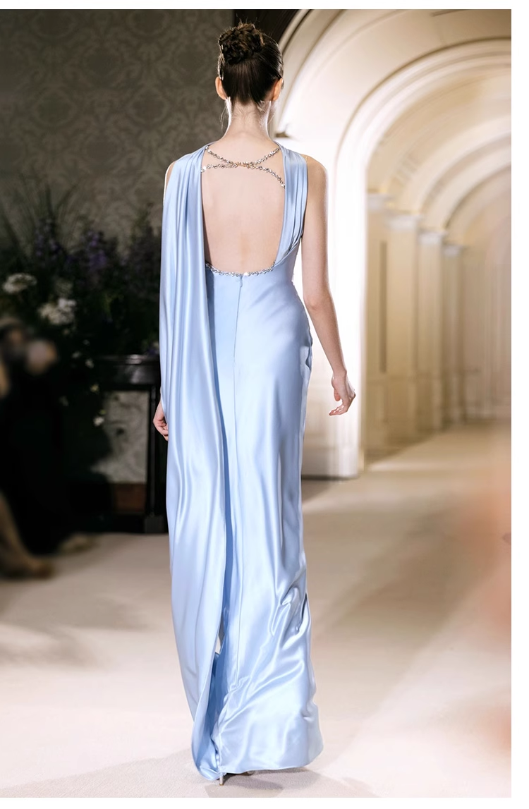 Pretty Sheath Scoop Neckline Satin Blue Slit Long Prom Dresses With Ribbon