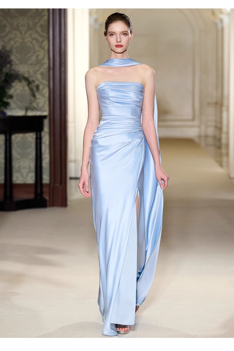 Pretty Sheath Scoop Neckline Satin Blue Slit Long Prom Dresses With Ribbon