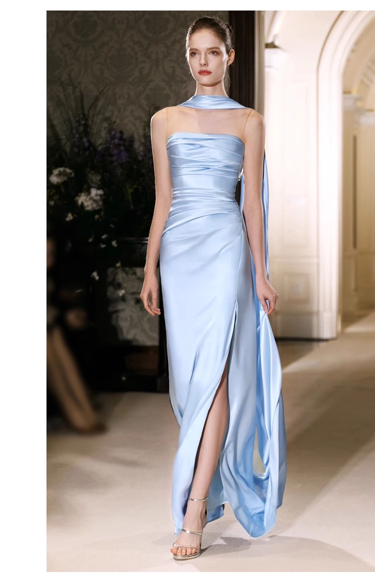 Pretty Sheath Scoop Neckline Satin Blue Slit Long Prom Dresses With Ribbon