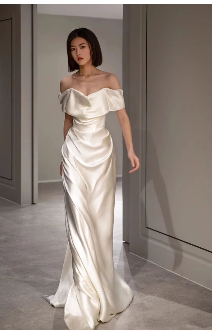 Sexy Sheath Off The Shoulder Short Sleeves Satin Long Wedding Dresses With Ruffles