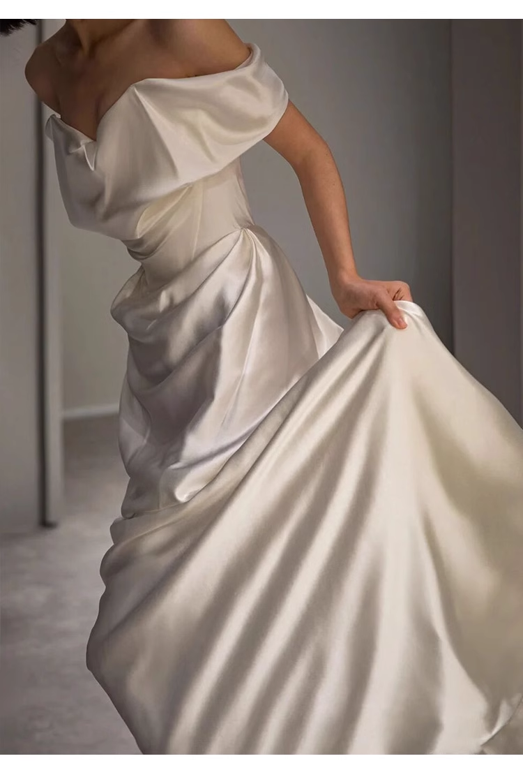 Sexy Sheath Off The Shoulder Short Sleeves Satin Long Wedding Dresses With Ruffles