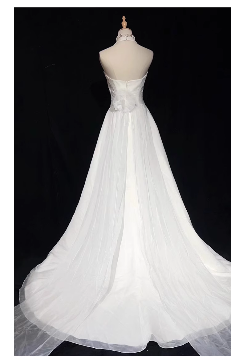 Chic A line High Neckline Backless Satin Long Wedding Dresses With Ruffles