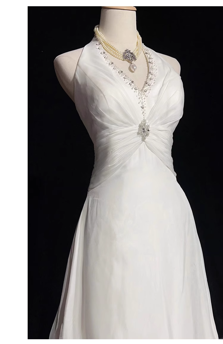 Chic A line High Neckline Backless Satin Long Wedding Dresses With Ruffles