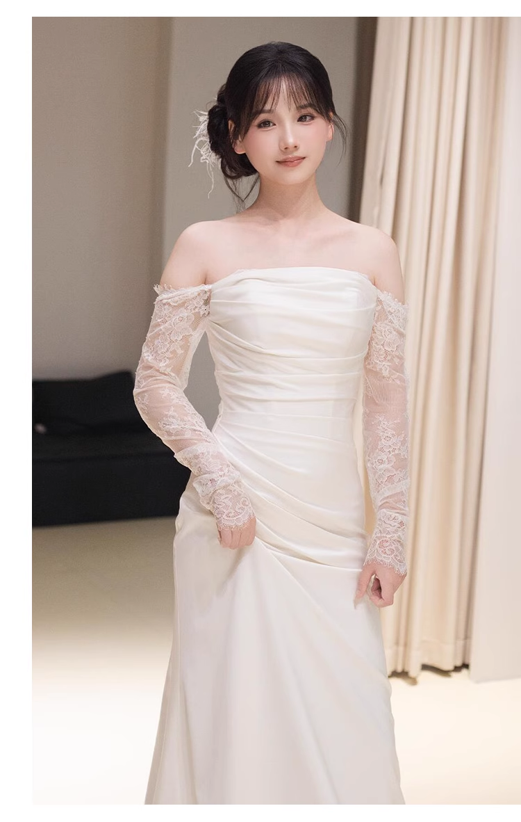 Sexy Sheath Off The Shoulder Long Sleeves Satin Long Wedding Dresses With Lace
