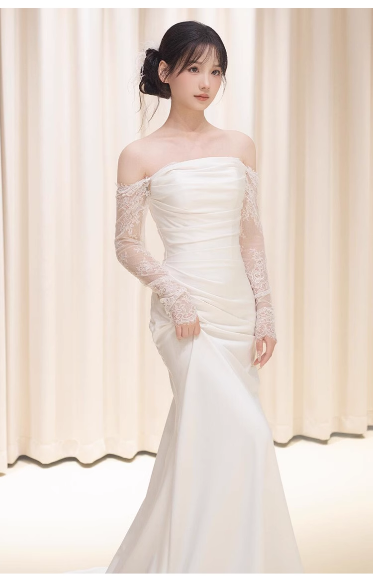 Sexy Sheath Off The Shoulder Long Sleeves Satin Long Wedding Dresses With Lace