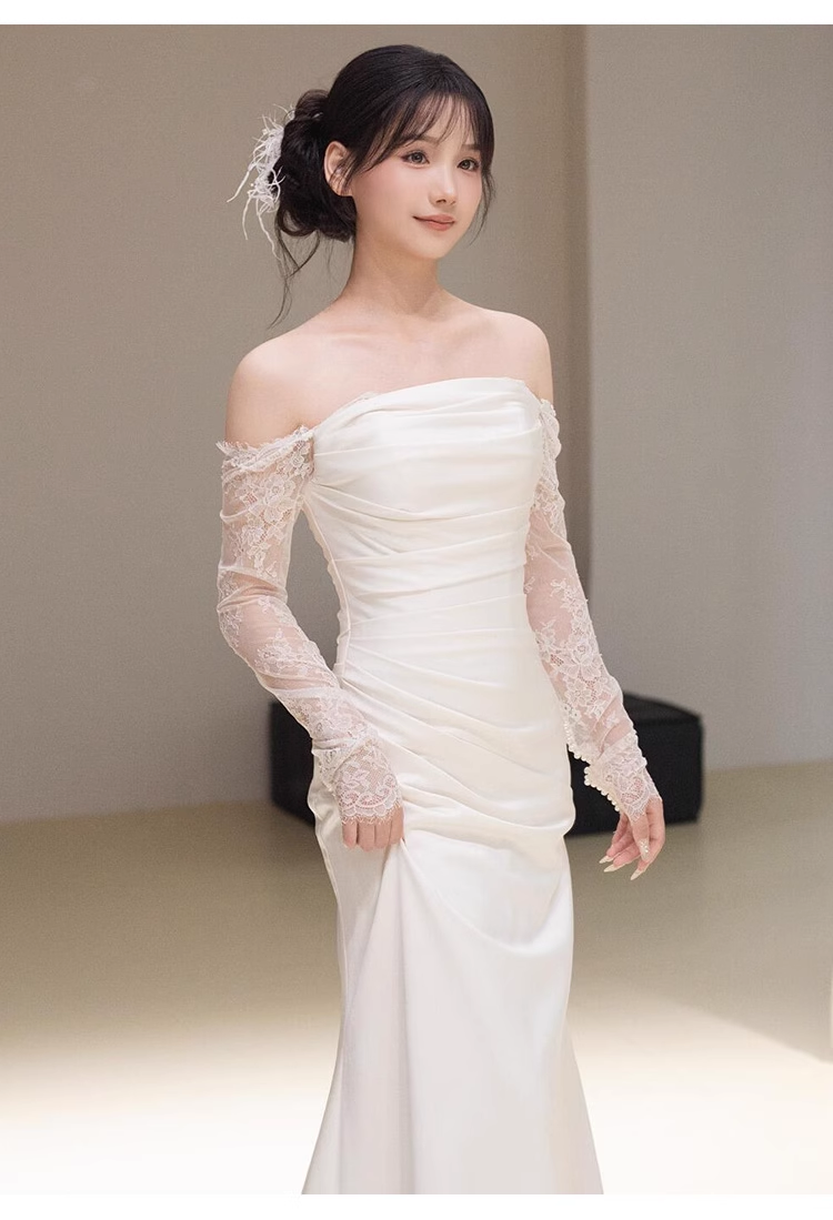 Sexy Sheath Off The Shoulder Long Sleeves Satin Long Wedding Dresses With Lace