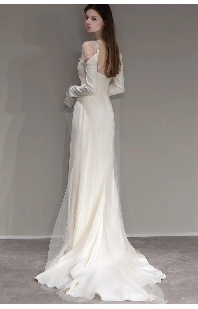 Sexy Sheath Off The Shoulder Long Sleeves Satin Long Wedding Dresses