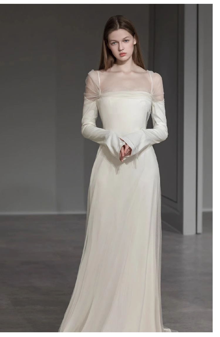 Sexy Sheath Off The Shoulder Long Sleeves Satin Long Wedding Dresses