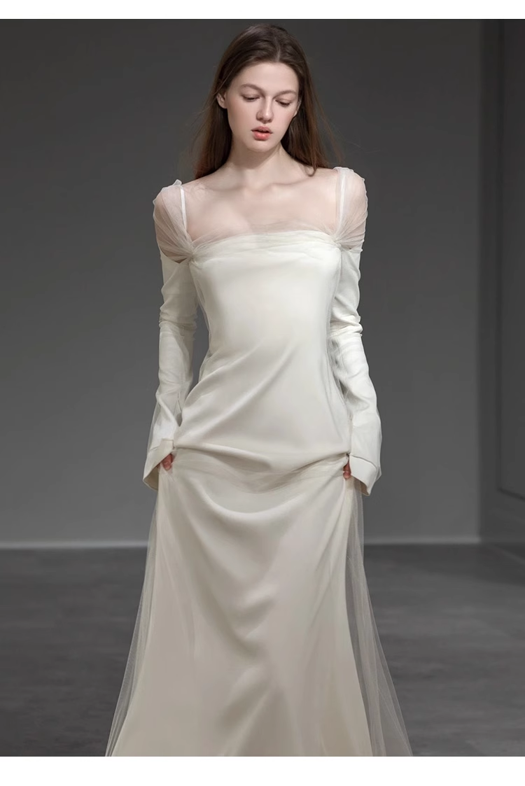 Sexy Sheath Off The Shoulder Long Sleeves Satin Long Wedding Dresses