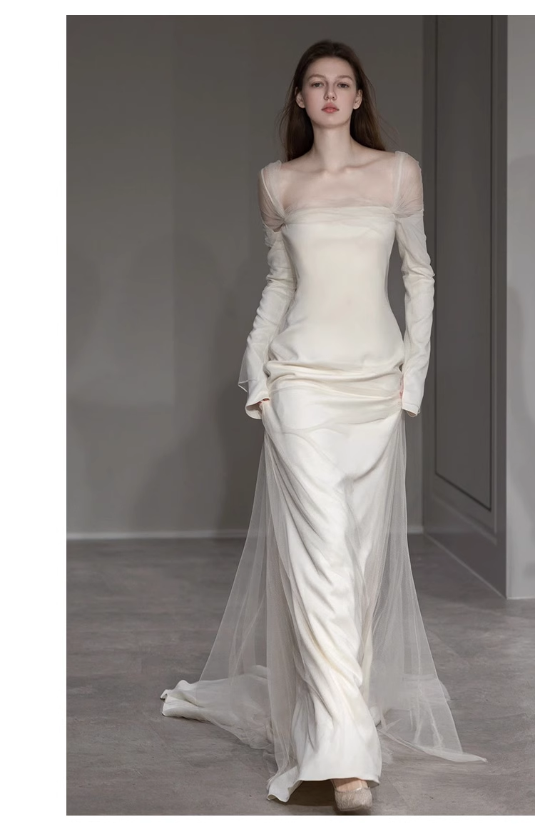 Sexy Sheath Off The Shoulder Long Sleeves Satin Long Wedding Dresses