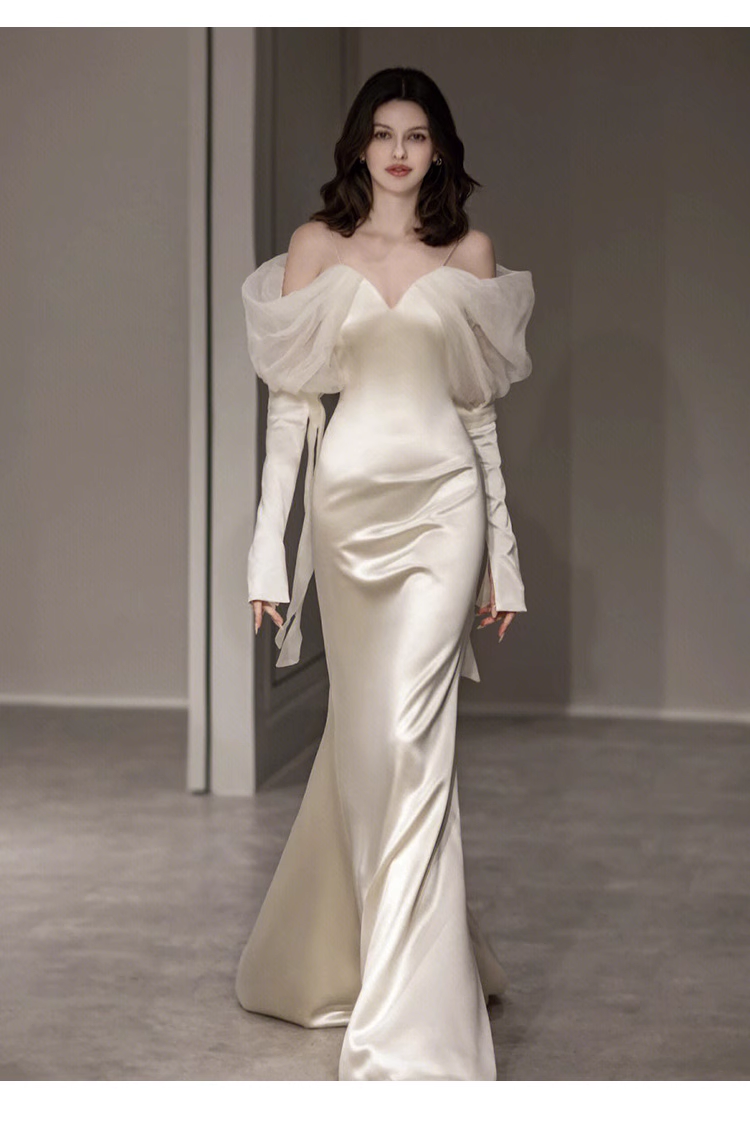 Sexy Sheath Off The Shoulder Long Sleeves Satin Long Wedding Dresses