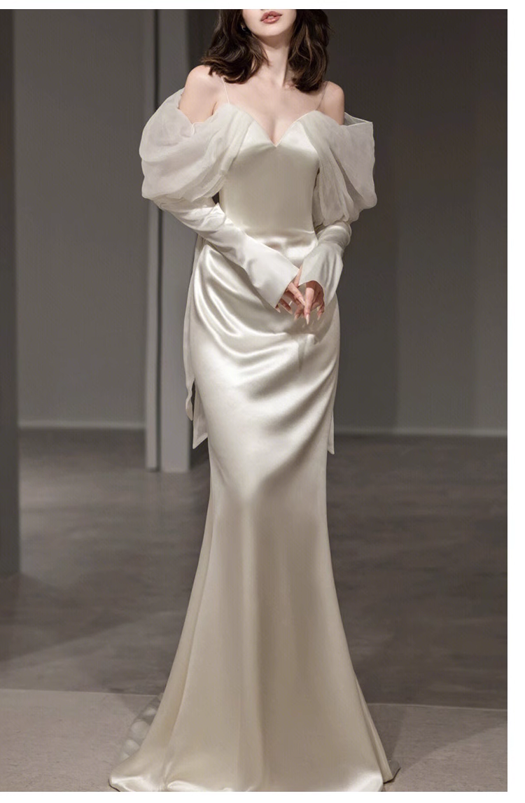 Sexy Sheath Off The Shoulder Long Sleeves Satin Long Wedding Dresses