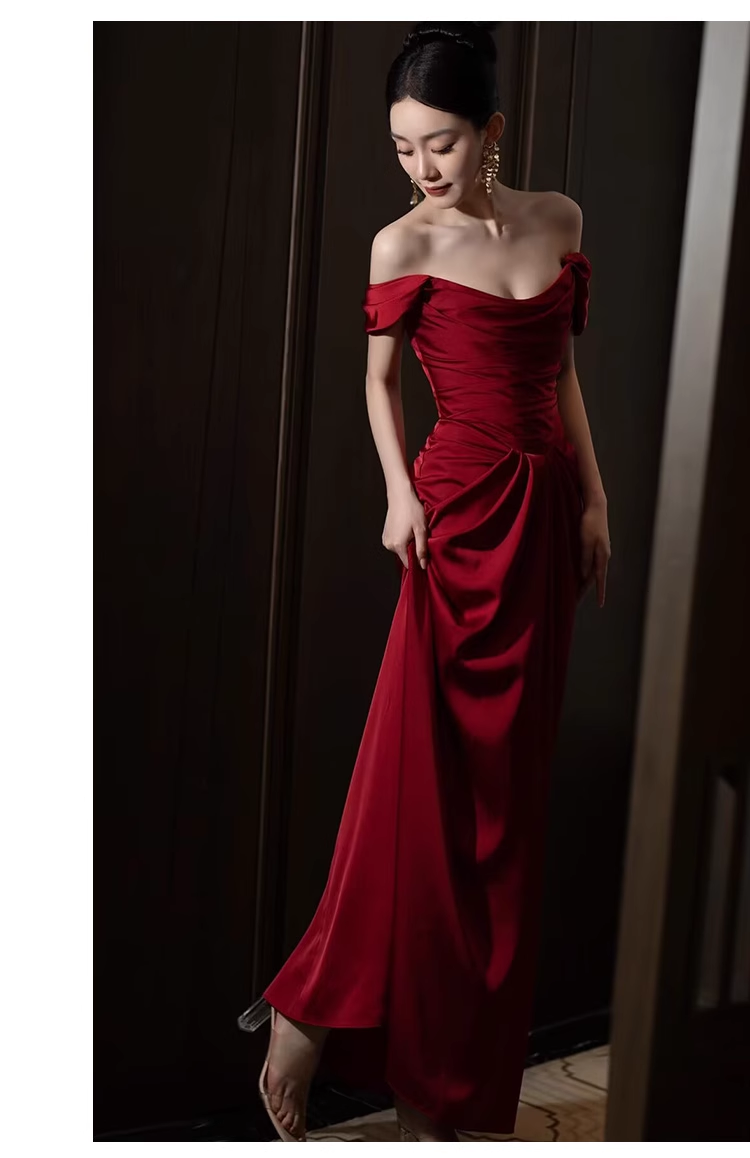 Pretty Sheath Off The Shoulder Satin Burgundy Long Prom Dresses