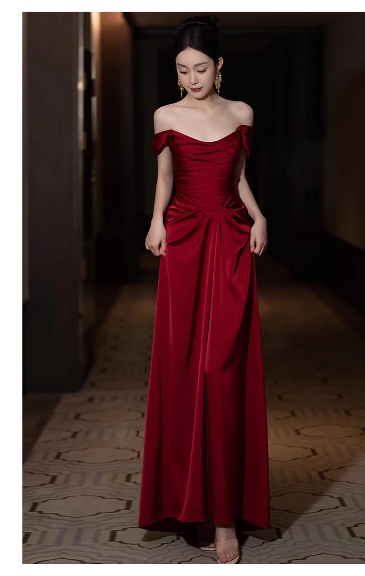 Pretty Sheath Off The Shoulder Satin Burgundy Long Prom Dresses
