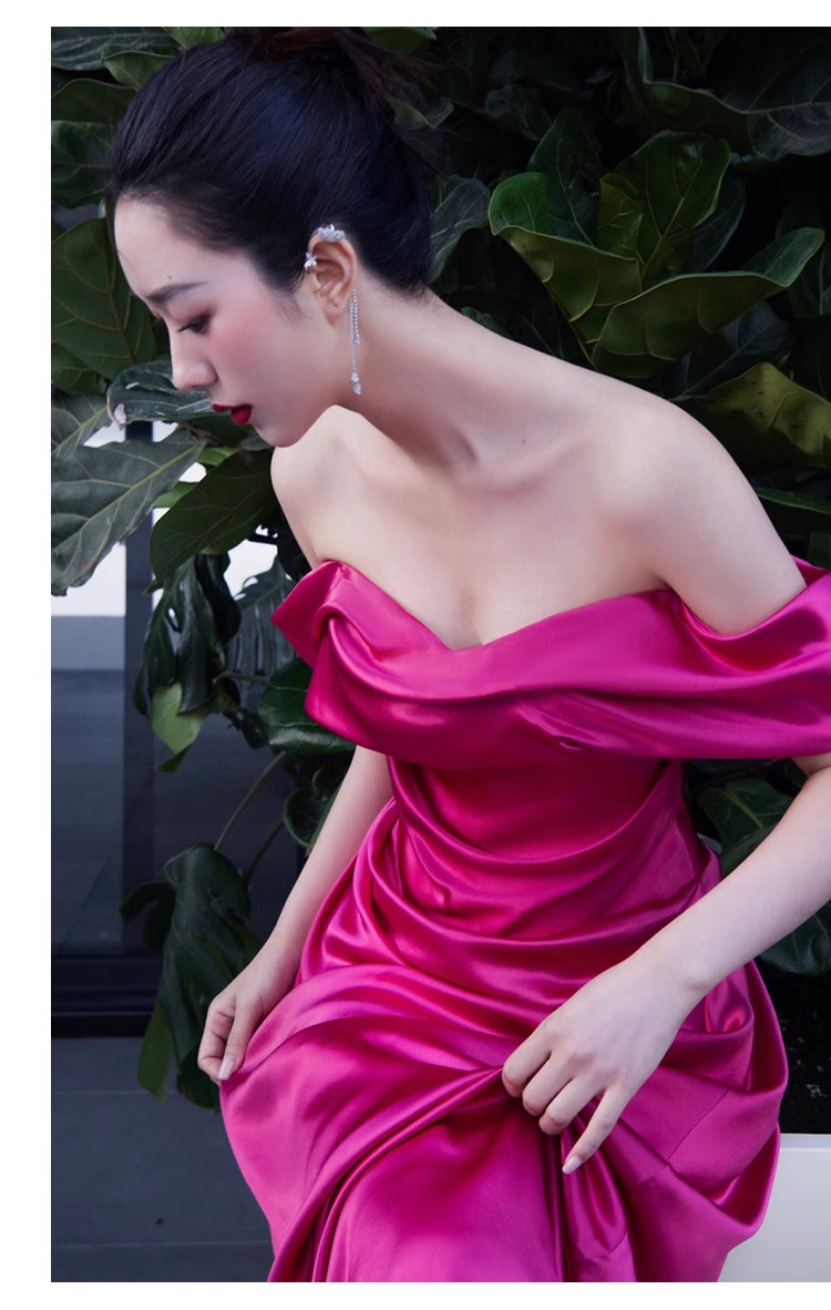 Sexy Mermaid Off The Shoulder Hot Pink Long Prom Dresses Satin Birthday Outfits