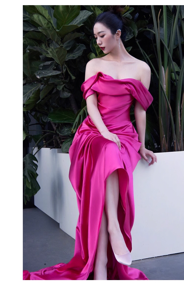 Sexy Mermaid Off The Shoulder Hot Pink Long Prom Dresses Satin Birthday Outfits