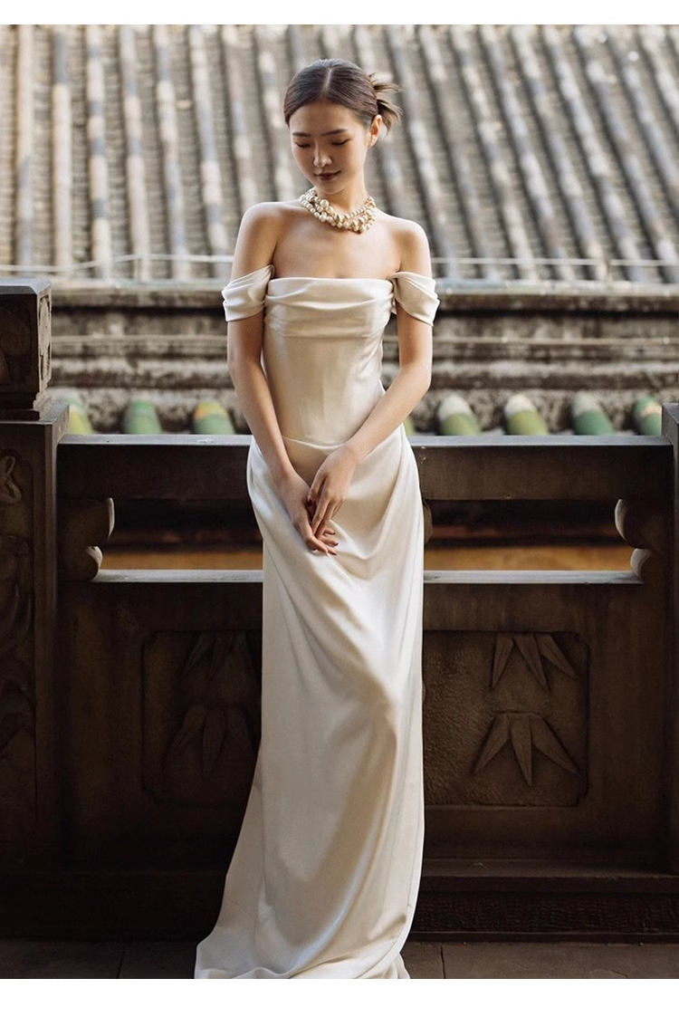 Chic Sheath Off The Shoulder Satin Long Wedding Dresses With Ruffles