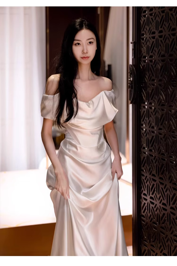 Sexy Sheath Off The Shoulder Satin Long Wedding Dresses With Ruffles