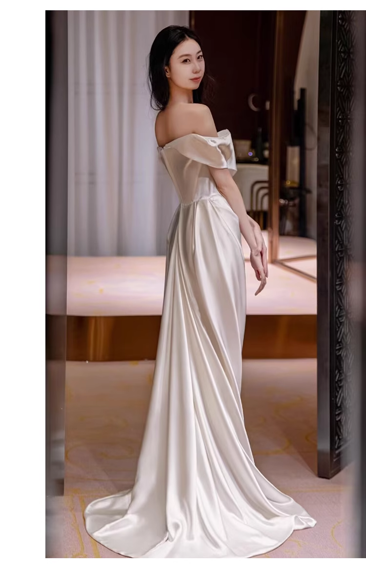 Sexy Sheath Off The Shoulder Satin Long Wedding Dresses With Ruffles