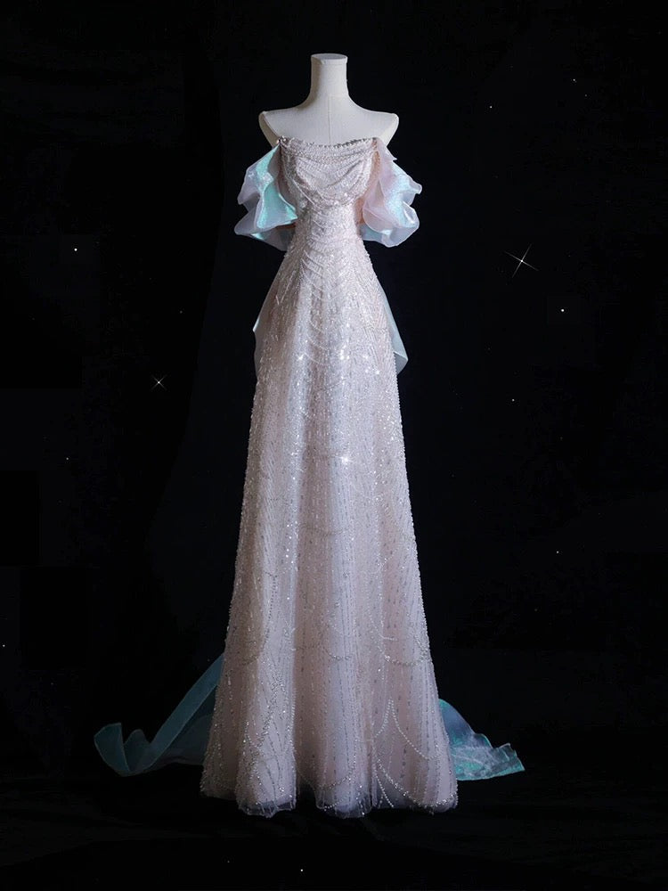 Pretty A line Off The Shoulder Pink Long Prom Dresses Sequin Birthday Outfits