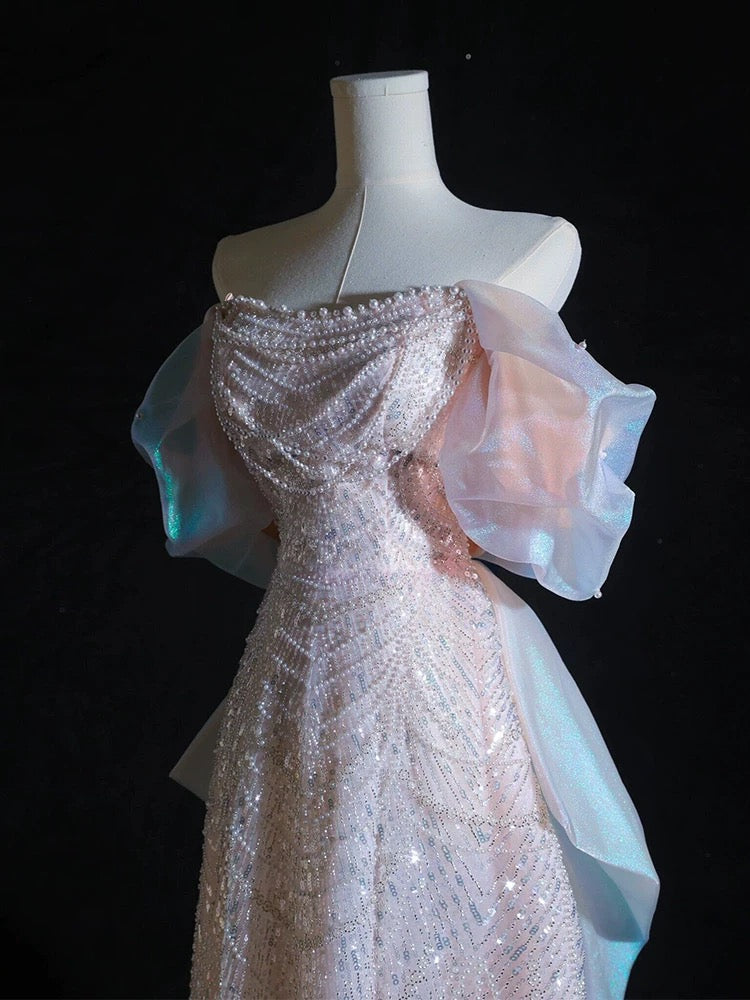 Pretty A line Off The Shoulder Pink Long Prom Dresses Sequin Birthday Outfits