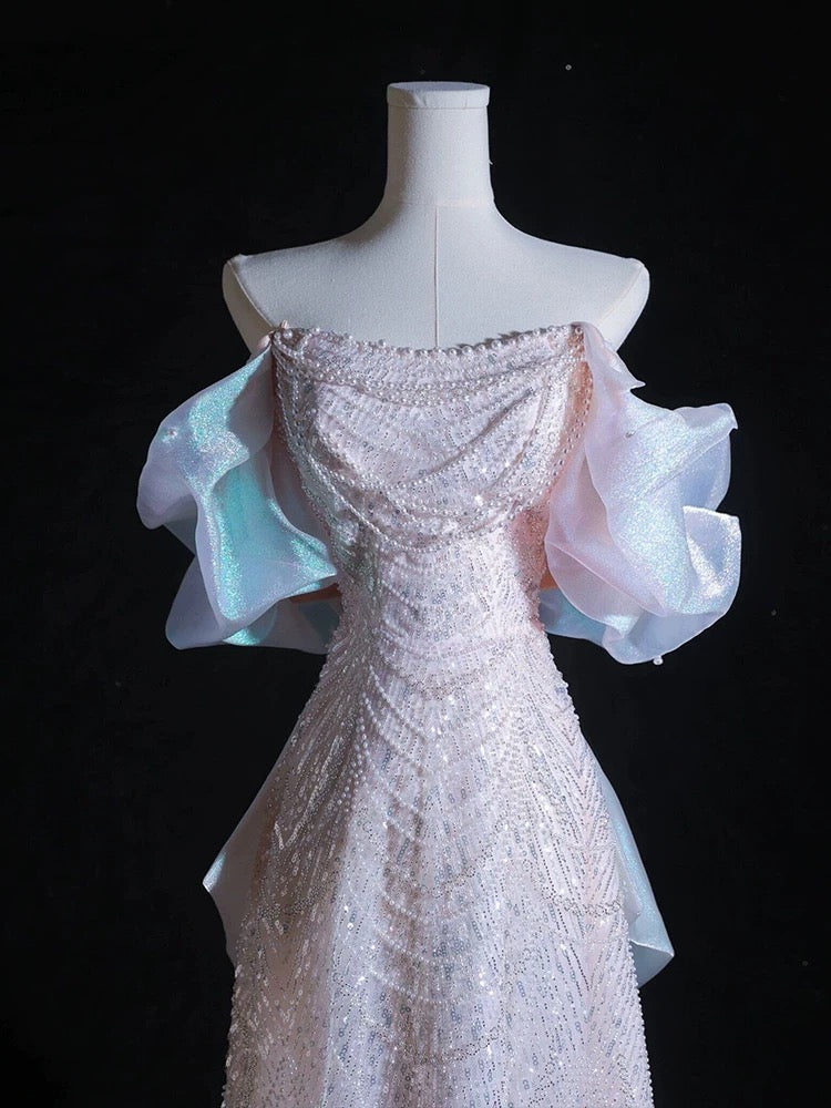 Pretty A line Off The Shoulder Pink Long Prom Dresses Sequin Birthday Outfits