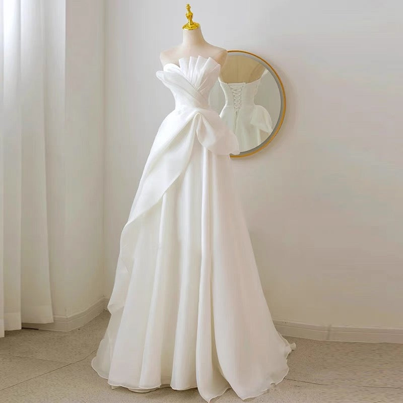 Timeless A line Strapless Chiffon Long Wedding Dresses With Ruffles
