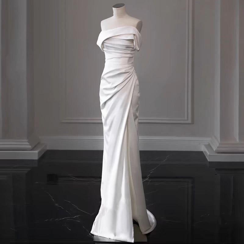 Timeless Sheath Off The Shoulder Satin Long Wedding Dresses With Slit