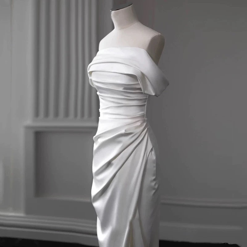Timeless Sheath Off The Shoulder Satin Long Wedding Dresses With Slit