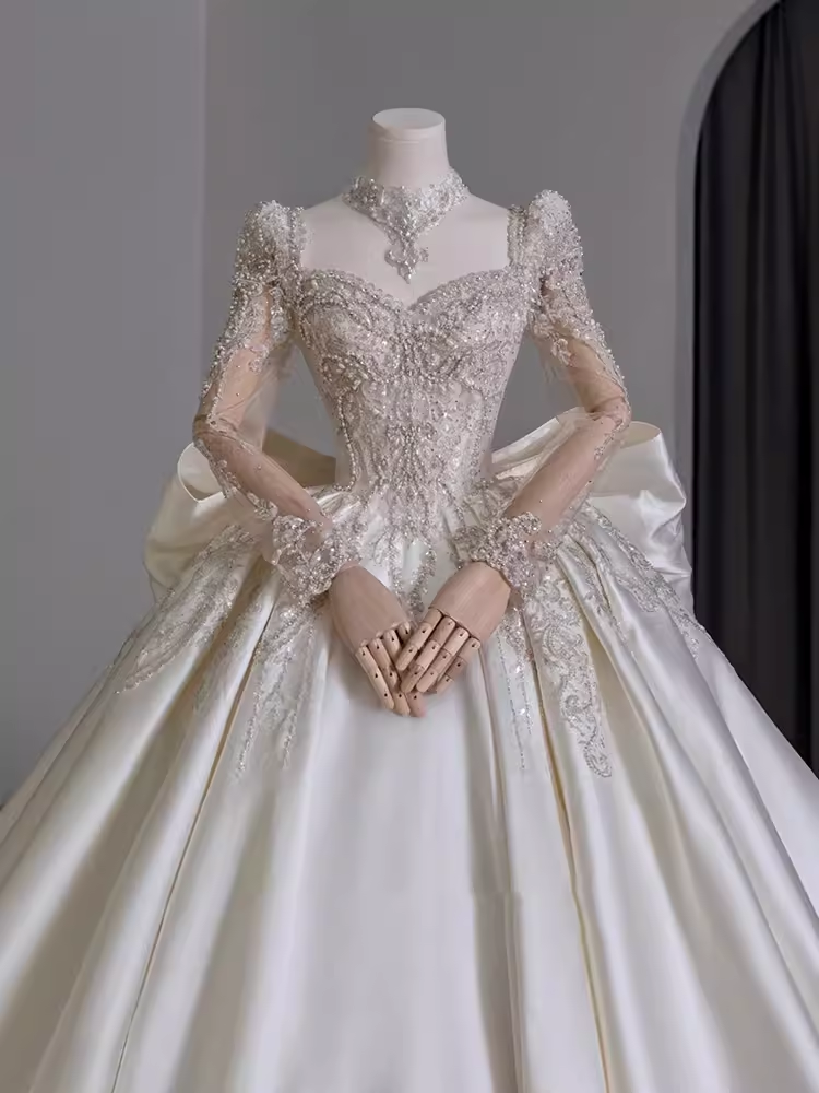 Vintage Ball Gown Square Neckline White Satin Wedding Dress