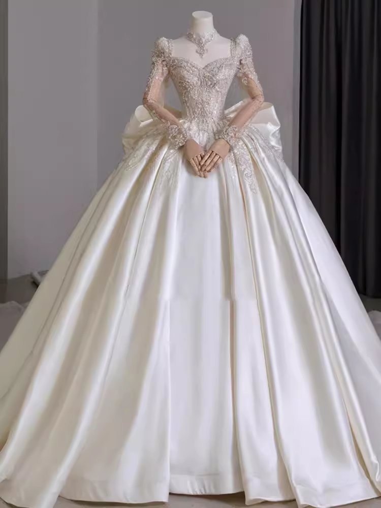 Vintage Ball Gown Square Neckline White Satin Wedding Dress