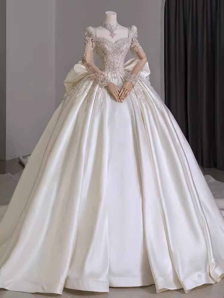 Vintage Ball Gown Square Neckline White Satin Wedding Dress