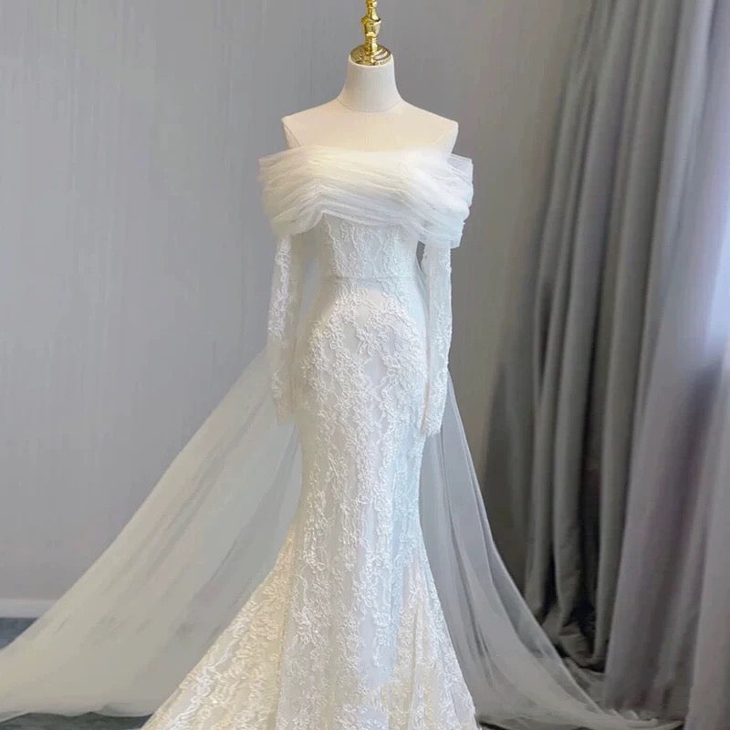 Timeless Mermaid Off The Shoulder Long Sleeves Lace Wedding Dresses With Ribbon