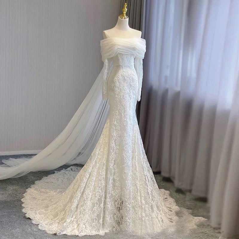 Timeless Mermaid Off The Shoulder Long Sleeves Lace Wedding Dresses With Ribbon