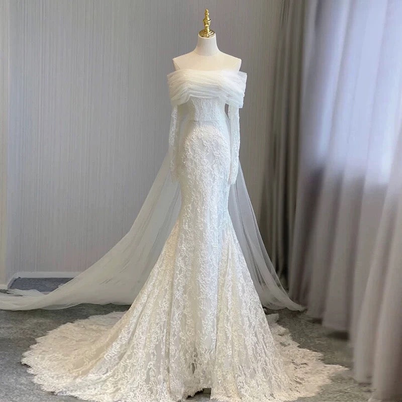 Timeless Mermaid Off The Shoulder Long Sleeves Lace Wedding Dresses With Ribbon