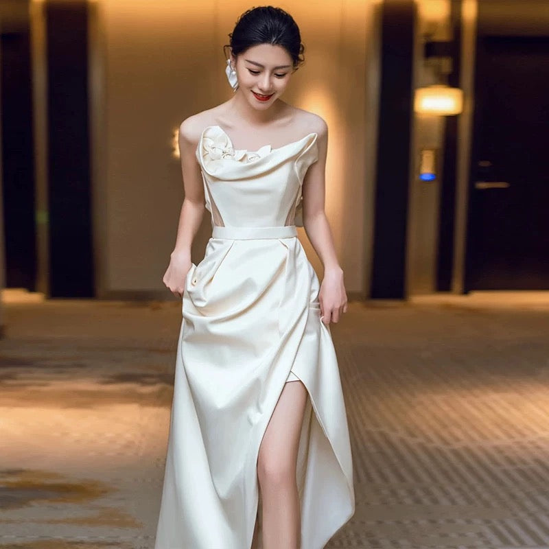 Classy Sheath Strapless Satin Ankle Length Wedding Dresses With Flowers