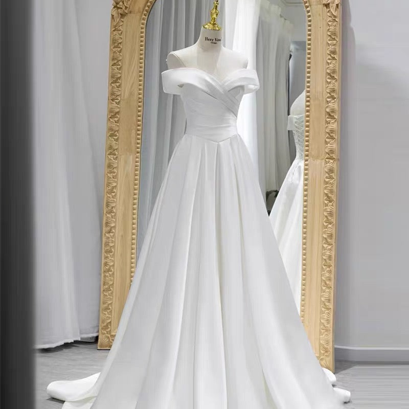 Classy A line Off The Shoulder Short Sleeves Floor Length Satin Wedding Dresses